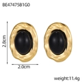 Detail view of retro gold textured earrings with black oval inlay and size specifications - Retro Molten Style Stud Earrings (BE47475B1G0)