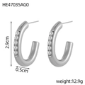 Detail view of silver C-shaped hoop earrings featuring five small white inlaid pearls - Silver Five Pearl Trim C-Shape (HE47035AG0)