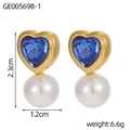 Detalle de pendientes corazón gema azul con perlas y dimensiones de 2,3 cm x 1,2 cm - Estilo Corazón Azul (GE00569B-1)