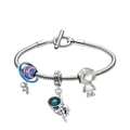 Silver snake chain bracelet featuring blue space charms and astronaut pendants - Blue Astronaut Style (A5)