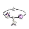 Silver snake chain bracelet with purple charms, mermaid tail, and white pearl bead - Halloween Ghost House Purple Style (A8)