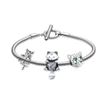 Silver charm snake chain bracelet with T-bar clasp featuring leopard and meow cat pendants - Cute Cat Leopard Silver Style (A9)