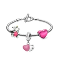 Silver charm bracelet with pink enamel heart and unicorn pendant on white background - Pink Unicorn Heart Style (A11)