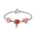 European charm bracelet in rose gold with evil eye and heart charms on a T-bar snake chain - Evil Eye Rose Gold Style (A12)