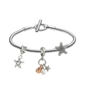 Ocean theme charm bracelet with silver snake chain, starfish and rose gold shell charms - Starfish Shell Pearl Style (A13)