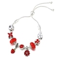 Verstellbares Silberarmband mit roten Erdbeer- und Blumenanhängern aus Emaille - Roter Erdbeer-Lippen Stil (#4) / Verstellbarer Auszug