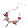 Verstellbares Silberarmband mit rosa und lila Blumenanhängern und Eiffelturm-Anhänger - Mehrfarbiger Eiffelturm Stil (#6) / Verstellbarer Auszug