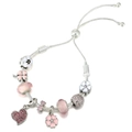 Detailansicht Schlangenkette Armband mit rosa Emaille-Anhängern und Glasperlen - Rosa Weiß Herz Blume Stil (#11) / Verstellbarer Auszug