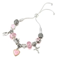 Detail eines versilberten Bettelarmbands mit rosa Glasperlen und Herzanhängern - Rosa Schloss Herz Schlüssel Stil (#16) / Verstellbarer Auszug