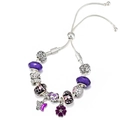 Verstellbares silbernes Schlangenarmband mit lila Charms und Herzblüten-Anhänger - Verstellbarer Auszug / Lila