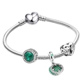 Silver charm bracelet with green clover and Love You MUM heart charms on snake chain - Style A1 / 16cm