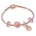 Rose gold charm bracelet with Family tree pendant and pink crystal beads on white background - Style A4 / 16cm