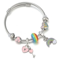 Bracelet jonc en acier pour femmes avec breloques cœur rose et perles arc-en-ciel - Style Cadenas Coeur Clé Arc-en-ciel (SZ40/6126)