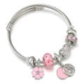 Bracelet câble en acier argenté avec breloques fleur de cerisier et hibou roses - Style Sakura Hibou Perles Roses (SZ40/6126)