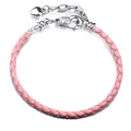 Braided pink leather bracelet with silver lobster clasp and heart charm pendant - 16cm / Pink