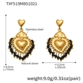 Detail view of gold heart earrings with black natural stone drops and dimensions - Golden Black Natural Stone Heart Earrings (TXF519)
