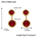 Detail of red square glass stone earrings with stainless steel base and dimensions - Gold Earrings / Red