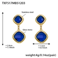 Golden stainless steel earrings featuring dark blue square glass stone pendants - Gold Earrings / Blue