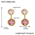 Gold stainless steel drop earrings with pink square-cut glass stones and size specs - Gold Earrings / Mix Red
