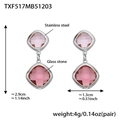 Pink geometric square glass stone earrings with stainless steel frames in variant rose color - Silver Earrings / Mix Red
