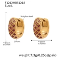 Macro detail of CNC engraved checkered earrings in 18k gold plating with red zircons - Pink Zircon - Large