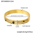 Detail view of 18k gold plated stainless steel bangle with dimensions and turquoise inlay - Gold Hollow Dot Black Stone (Z075)