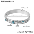 Silver stainless steel bangle with turquoise inlay and cubic zirconia in a modern geometric style - Steel Hollow Dot Blue Stone (Z075)