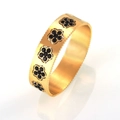 Bracciale largo in acciaio placcato oro 18k con motivi floreali in zircone nero e bordi seghettati - Bracciale floreale tonalità oro con strass neri (Z346)