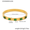 Detail view of gold stainless steel bangle with emerald green zircon stones and dimensions - Gold Green Bangle (Z325)