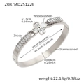 Silver stainless steel open bangle with zircon clover and white shell inlay - Four-leaf Clover Style (Z087) / Steel