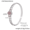 Brazalete de acero plateado con hebilla ovalada pavimentada de circonitas rosas - Estilo de Strass Rosa Ovalado de Cadena Cubana (Z397) / Plateado