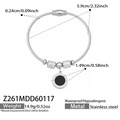 Silver stainless steel cable bracelet with black enamel round charm and zircon beads - Z261-Steel Bangle