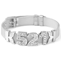 Adjustable silver mesh bracelet with crystal 521 numbers and winged heart charms - 10mm Stainless Steel Mesh / Silver Bracelet