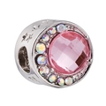 Detail of silver bead charm with large pink gemstone and sparkling rainbow rhinestones - Pink Gem Bead (#1)