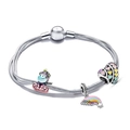Bracciale multi-filo in argento con ciondoli a forma di unicorno e cuore smaltato - 17cm / Stile Unicorno Arcobaleno Dipinto (Stile 3)