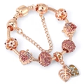 Bracciale a serpente in oro rosa con perle rosa pavé e ciondoli a foglia - 16cm / Stile 2 (Oro rosa-Foglia di fiore rosa)