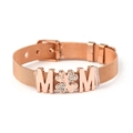 Rose gold mesh bracelet with MOM lettering and crystal clover charm for Mother's Day - Rose Gold
