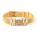 Gold mesh belt bracelet featuring crystal-encrusted #1 MOM charm and adjustable buckle - Gold Bracelet