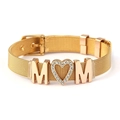 Golden mesh band bracelet with MOM lettering and sparkling rhinestone heart accent - Gold MOM Bracelet