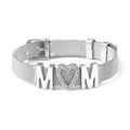 Silver mesh MOM bracelet with rhinestone heart charm and buckle clasp on white background - Silver MOM
