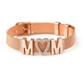 Rose gold mesh bracelet with MOM lettering and sparkling rhinestone heart on white background - Rose Gold MOM