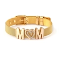 Golden mesh band bracelet featuring a MOM heart charm with sparkling rhinestones - Gold