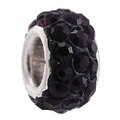 Macro shot of S925 sterling silver charm bead with four rows of sparkling purple crystals - Deep purple