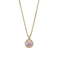 Elegant gold necklace with a round pink stone pendant surrounded by small crystals - Golden Pink Round (xl005)