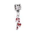 Macro detail of Christmas candy cane charm with red crystals and silver bow clasp - Enamel Red Rhinestone Candy Cane Style (#7)