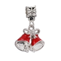 Detail of silver-plated Christmas bell charm with red glaze and a decorative bow design - Red Bells Bow Style (#12)