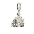 Detailed view of silver house charm with pink heart window and floral relief - Pink Heart House Relief Style (#25)