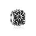 Macro shot of silver hollowed geometric bead with vintage pattern for DIY jewelry - Retro Silver Radial Hollow Cylindrical Bead (#28)