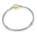 Sleek silver snake chain bracelet featuring a golden rectangular clasp for charms - 16cm / Silver with Gold Caps