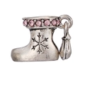 Zilveren kerstlaars bedel met roze strassteentjes, sneeuwvlok gravure en een klein belletje - Kerstsok met Bel (#14)